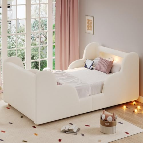 KOMHTOM 90x200cm Lit Simple avec Barrières de Sécurité et Veilleuse, Lit Rembourré avec Port de Charge et Sommier à Lattes en Bois(sans Matelas) (Beige + Bouclé)