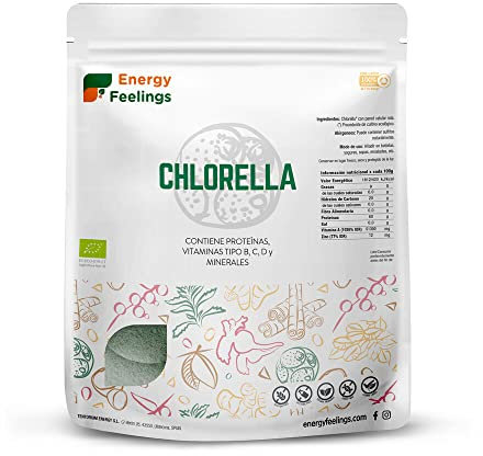 Energy Feelings Chlorella Ecológica - 1000 g, Chlorella Vegana, 60% de Proteína, Rica en Vitaminas y Minerales, Efecto Desintoxicante, Sin Lactosa, Sin Gluten y Sin Azúcar Añadido