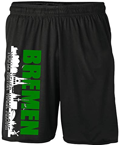 Uglyshirt89 Bremen Skyline Shorts | Kurze Hose mit Stadtmotiv – Fußball Fanartikel für Stadion und Freizeit – Trainingshose für Supporter Herren Unisex | Schwarz (L)