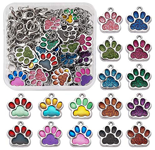 PandaHall 32 st katt hund tass emalj legering hängen, djur tassavtryck, tjocka berlocker med 38 st bindringar och 38 st hummerlås för smyckestillverkning
