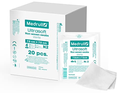 Medrull Kompressen nicht gewebt STERIL ULTRASOFT Wundauflagen 4-lagig- 7.5cm x 7.5cm Verpackt 2 Stück - 20 Papierbeuteln (40 Stück)