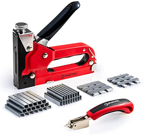 PHITRIC Upholstery Staple Gun Heavy Duty, 4 in 1 Stapler Gun with 6000 Staples, Remover, Manual Brad Nailer Power Adjustment Stapler Gun for Wood, Upholstery, Carpentry, Decoration DIY