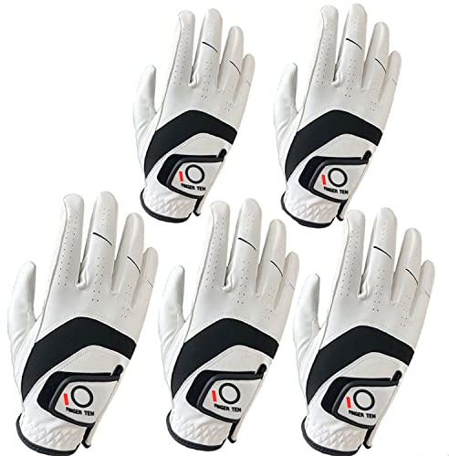 FINGER TEN Guantes de golf para hombre, de piel Cabretta para diestros, paquete múltiple para todo tipo de clima, 5 unidades, guantes de golf para golfistas zurdos, agarre cómodo (M/L, derecho)
