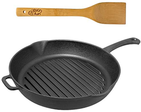 26 cm Grill-Bratpfanne rund mit Ausgießer aus Gusseisen mit abnehmbarem Griff und Pfannenwender Feuerpfanne Grillpfanne Steakpfanne