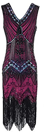 MIMIKRY 20er Jahre Charleston Pailletten Kleid Pink/Schwarz/Multicolor Fransen Flapper Damen-Kostüm, Größe:XXL