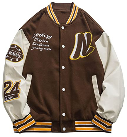 Onsoyours Giacca da Baseball da Uomo Giacca College Jacket con Lettere in Pelle Giubbotti Hiphop Casual Cappotto Unisex Bomber Varsity Outwear Giacca da Coppia A Marrone M