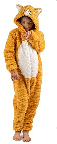 Grenouillère pour garçons ou filles en peluche orange chat roux avec queue - Costumes d'animaux tout-en-un pour enfants de 2 à 13 ans, 10-11 ans