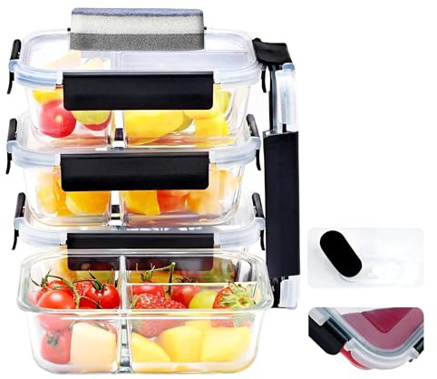 ERUIV 4 Recipientes Herméticos Para Alimentos, 1040 ml 3 Compartimentos, Meal Prep Containers, Recipientes Para Alimentos, Storage Recipiente, Sin BPA, Apto Para Microondas, Lavavajillas y Horno
