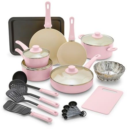 GreenLife Soft Grip Healthy Ceramic Nonstick 18 Piece Kitchen Cookware Pots and Frying Sauce Saute Pans Set, PFAS-Free with Kitchen Utensils and Lid, Dishwasher Safe, Soft Pink