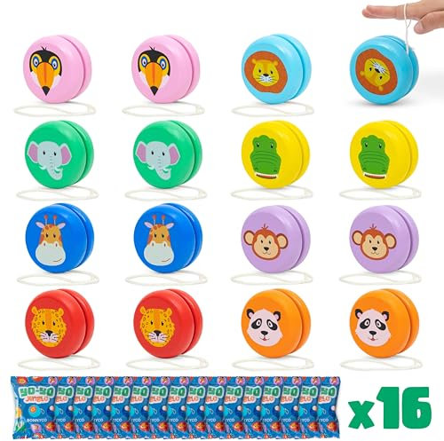 BONNYCO Yoyo Niños de Animales Pack 16 Regalos Cumpleaños Niños Colegio. Yoyo Madera, Detalles Cumpleaños Infantil. Pack Yo Yo para Relleno Piñata, Regalos Alumnos Primaria, Regalitos Invitados