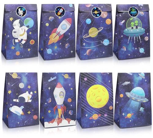 Kesote Geschenktüten Kindergeburtstag Papiertüten Weltraum 12 Tüten Geburtstag Geschenktaschen Papier Partytüten mit Aufkleber für Geschenk Mitgebsel Geschenkverpackung