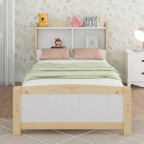 MSMOK Letto singolo in legno massello naturale e bianco, con rete a doghe in legno con testiera (senza materasso e cassetti, 90 x 200 cm)