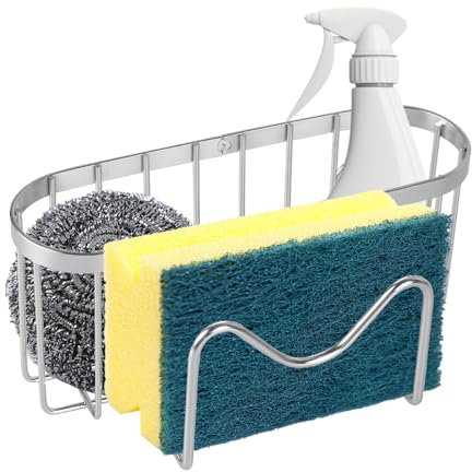 DONGKER Kitchen Sink Sponge Holder,Stainless Steel Dish Sponge Hanging Caddy with Adhesive Hook & Suction Cups for Dish Basket Brush Kitchen
