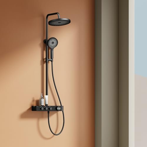 EMKE Colonna Doccia Termostatica– Nero, Regolazione Innovativa del Flusso, Doccia Effetto Pioggia 26 cm, Doccia a Mano con 3 Getti, Barra Doccia e Tubo, Sistema Doccia