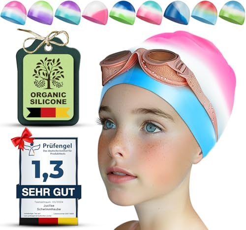Juclise Swimming Caps for Kids，Girls and Boys, Stretchy Silicone Design, Comfortable Fit for Long and Short Hair (Pink-Blue, Age 3-8)