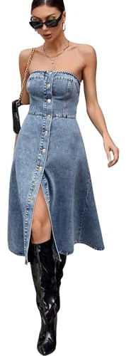 utcoco Women's Stretch Strapless Denim Tube Dress Button Down Sleeveless A Line Swing Jean Dress 2026 (Medium, Blue)