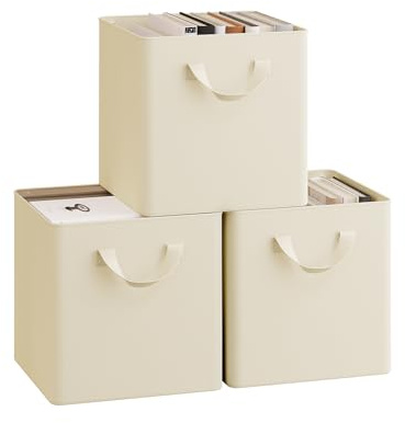 WOLTU Pack 3 Cajas Plegables de Almacenaje en Tela, Cubos de Almacenamiento para Ropa, Cestas Organizadoras para Estantería y Armario, con Asas y Armazón Metálico, Crema, 26x26x26,5cm
