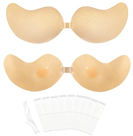 MUNSKT Soutien Gorge Adhésif Push Up Soutien Gorge Dos Nu Invisible Soutien Gorge sans Bretelles Le Bretelle Réutilisable (FR/ES, Taille de Bonnet D, Standard, Kaki)