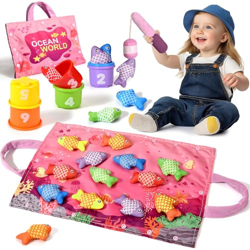 Tokiyis Juguetes Niños 1 Año Montessori, 20 Piezas Rosa Juego Pesca de Tela con 12 Peces Tela, Taza Apilables, Almacén Bolsa, Educativos Juguetes Bebes 6 9 12 18Meses, Regalo Bebe 1 2 3 Año