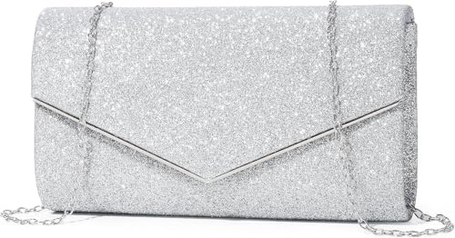 Mooedcoe Glitzer Clutch Damen, Elegante Abendtasche Silber mit Abnehmbarer Kette – Handtasche Klein, Stilvoll für Hochzeit, Party, Ball