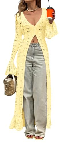 Saodimallsu Womens Crochet Long Cardigans Duster Button Up Bell Long Sleeve Ruffle 2026 Summer Boho Beach Cover Ups Yellow