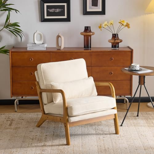 Bonnlo Accent Chair, Soild Wood Padding Lounge Armchairs, Occasional Reading Chair with Cushions and Lumbar Pillow, Armchairs for Living Room, Bedroom, Guest Room, Chenille, Beige