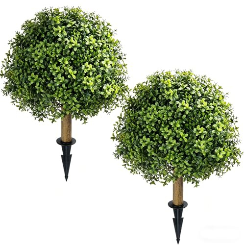 2Pcs Artificial Boxwood Topiary Balls Trees with Ground Spikes 24 Inch | Artificial Ball Plants Trees Outdoor UV Resistant Fake Bushes Trees Faux Greenery Shrubs for Garden Yard Patio Home Decor