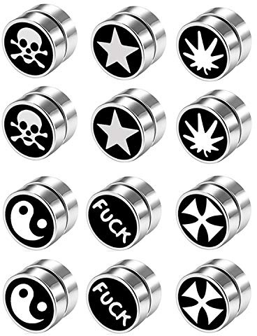 JewelryWe Magnetiska örhängen, hiphop-punk-stil multimönster icke-piercande öronmagneter rostfritt stål örhängesset för män kvinnor, Rostfritt stål