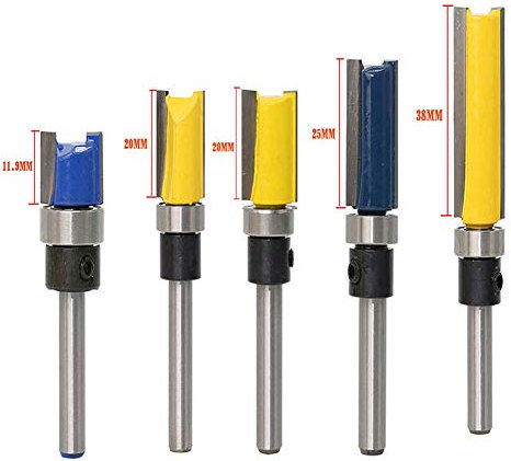 WSOOX 5 Pcs Double Straight Flush Trim Router Cutter Bit Set with 1/4 inch Shank, Woodworking Top Bearing Milling Tools