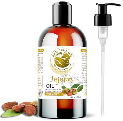 Bella Terra Oils - Organic Jojoba Oil 16oz - Unveiling Organic Jojoba's Beauty Secrets, Saturated with Vitamin B5 & Folic Acid, The Gold Standard of Body Oil Moisturizers