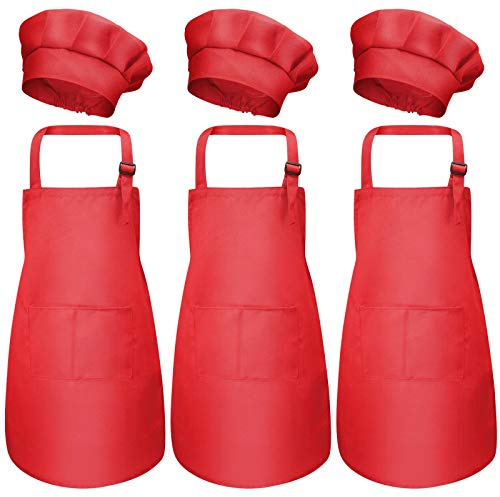 Catime 3 Set Tablier Enfant et Chapeau de Chef, Ajustable Bambin Tabliers de Cuisine avec Poches pour Filles Garçons, Tablier de Chef Jardin pour Cuisson Peinture L'artisanat (M pour 3-6 Ans) (Rouge)