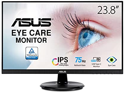ASUS VA24DCP Eye Care Monitor 23.8 Full HD, IPS, Frameless, USB-C, 65W PD, 75Hz, Adaptive-Sync/FreeSync, Low Blue Light, Flicker Free, Wall Mountable