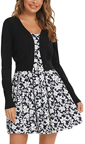 Boléro Femme Cardigan Court Gilet Veste Tricot Bouton Manches Longues pour Robe T Shirt Bretelle Chic Elégante Soirée Fête Décontracté