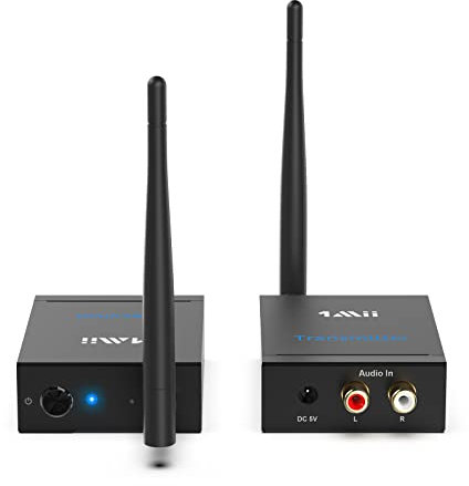 1Mii Transmisor Receptor Inalámbrico Audio HiFi, 2,4 GHz Adaptador Emisor Audio Largo Alcance 100m, Baja Latencia Desde TV/PC/Receptor AV a Altavoz Actico/Subwoofer/Barra de Sonido, Salida AUX/RCA