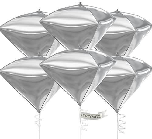 PartyWoo Silver Balloons, 6 pcs Diamond Silver Foil Balloons, 22 inch Giant 4D Foil Balloons and Ribbon, Balloons for Birthday Decorations, Wedding Decorations, Party Decorations (Balloon)