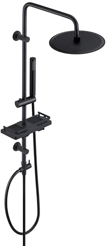 Görbach Colonna Doccia Acciaio Inox Senza Miscelatore Regolabili Nero Colonna Doccia idromassaggio Asta Doccia Saliscendi Doccia con soffione a Pioggia e Porta Ogetti Mensola D20cm