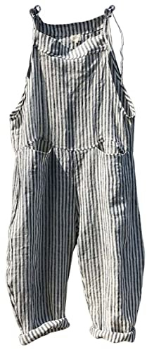 CHARTOU Women Oversized Summer Casual Stripes Cargo Jumpsuit Wide Leg Bib Overall Striped Linen Pants Dungarees Pocket (Medium,Grey stripe)