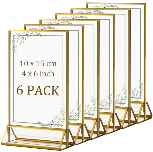 ECOSEAO Gold Picture Frames 10x15 cm 6 Pack, Double Sided Acrylic Sign Holder with Gold Border - Clear Vertical Sign Stand Table Number Menu Holders