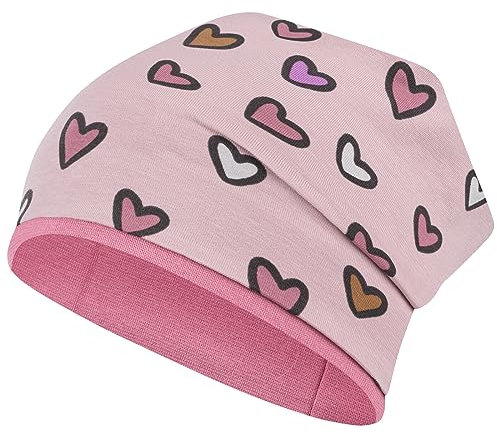 Smarilla Mädchen Herbstmütze Beanie Übergangsmütze Baumwolle doppellagig, Größe: 50-52, Farbe: Altrosa-Rosa Herz