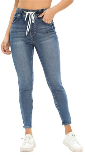 SotRong Elasticated Waist Skinny Jeans Women Drawstring High Waist Pull On Stretchy Denim Jeggings Ladies Slim Fit Tapered Leg Cropped Trousers with Pocket S