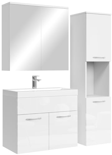 Badplaats Badmöbel Komplettset Montreal 60 x 35 cm Weiß Hochglanz - Badezimmermöbel mit Waschbecken, Spiegelschrank und Badezimmerschrank
