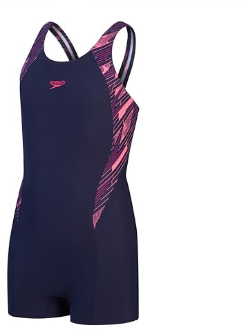 Speedo Girls Hyperboom Splice Legsuit | Chlorine Resistant | Quick Drying | Stretch Fabric | Comfort Fit | One Piece Swimwear, True Navy/Electric Pink, 5-6