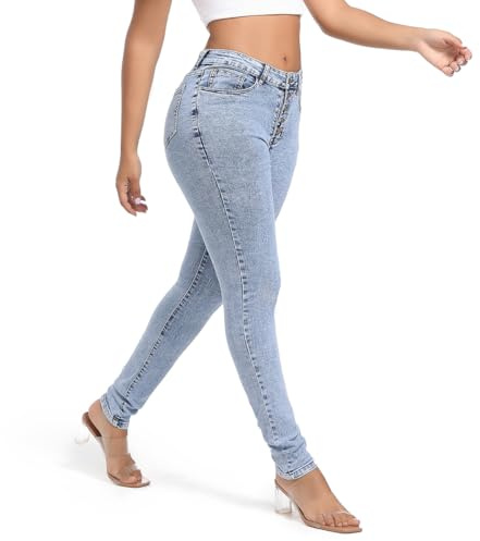 FISCLOSIN Womens High Waist Stretch Jeans 5 Button Push Up Butt Lifting Skinny Colombian Jeans,Light Snow Blue,X-Large