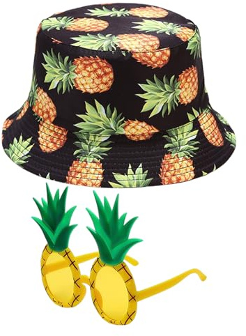 CHSZSH 1 Chapeau Seau Pour Femme, 1 Paire De Lunettes Ananas, Chapeau De Soleil Motif Ananas, Joli Chapeau De Soleil Pour Femme, Chapeau D'Été