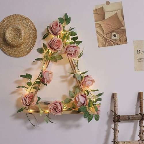 GUOCHENG Vintage Rose Garland Light 2m Artificial Hanging Flower Strings with Timer, Battery Power Rose Wreath Lights Decor for Bedroom Home Wedding, Wall Decoration