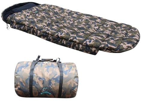 Carpzilla Sacco a pelo Snooze per pesca alla carpa, 5 stagioni, foderato in pile, con cuscino, per campeggio, escursionismo, viaggi, 100 cm, extra largo, KMS-007, mimetico