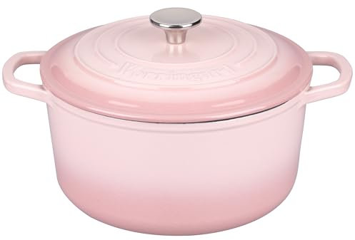 VORRINGARD Olla holandesa de hierro fundido esmaltado con tapa, para hornear pan de masa madre, hornos holandeses redondos, 6 cuartos de galón, rosa