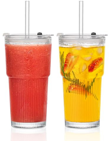 INSETLAN 530ml/20oz Glass Tumbler with Straw and Lid, Iced Latte Glass 2 Pack, Stylish Ribbed Design Drinking Glasses for Iced Coffee Cups, Matcha, Smoothies,Juice, Cold Beverages