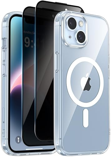 Helssitot Coque Magnétique pour iPhone 13 / iPhone 14 avec 2 Verre Trempé Anti-Espion Compatible avec MagSafe Militaire Étui Housse Antichoc Bumper Militaire 6,1 Pouces-Transparente