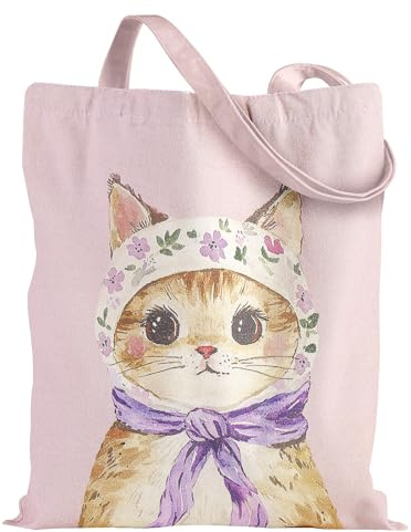 Loveinside Vintage Cat Canvas Tote Bag, Pink Floral Cat Reusable Cotton Shoulder Bag for Girls Women, Cute Kitty Gift Tote for Casual Vacation, Shopping, Beach, Grocery, Work, 13.8 x 15.7, 1 Pcs